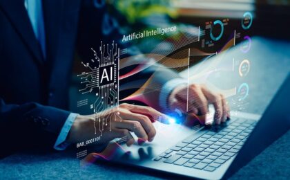 Lavoratori che interagiscono con l'intelligenza artificiale in un ambiente d'ufficio