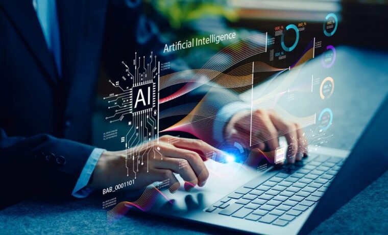 Lavoratori che interagiscono con l'intelligenza artificiale in un ambiente d'ufficio